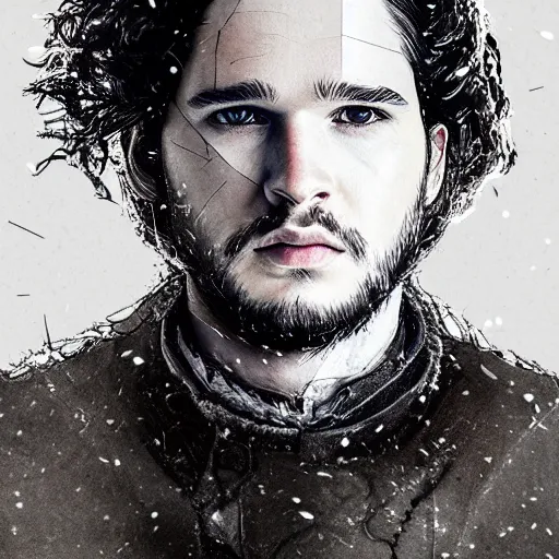 Prompt: a portrait of of jon snow constructed from snow, collage, drop shadow, organic, layered composition, layers, texture, mcu, petals, highly textured, layered, sculpted, dynamic,