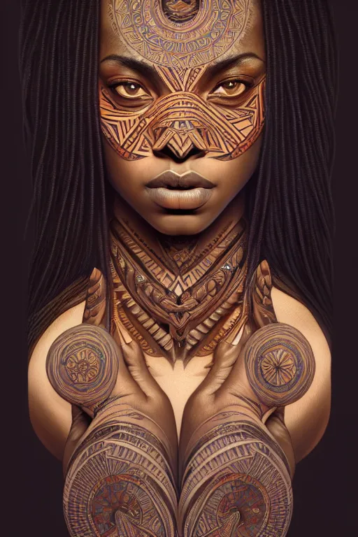 Image similar to symmetrical body portrait of beautiful nubian tribal tattooed young woman, intricate, elegant, highly detailed, digital painting, artstation, concept art, smooth, sharp focus, illustration, art by artgerm and greg rutkowski and alphonse mucha, 8 k