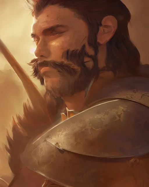 Image similar to portrait of a spanish conquistador in battle, by daniel zrom and mingchen shen, studio ghibli color scheme, detailed, handsome, anatomy, sharp focus, photography, magic : the gathering, octane, cinematic lighting, facial features, clear face, realistic face, golden ratio