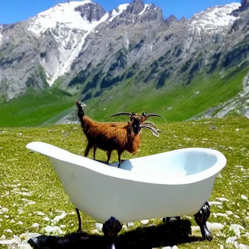 Image similar to dragonfly in a bathtub in the alps, goats!!!!!!!! goat!! sheep!!! in background