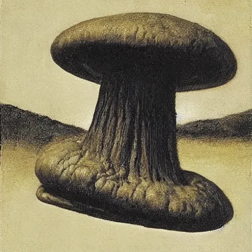 Prompt: man fungal ears Mushroom Cretin the Hermit camouflaged as a toadstool wearing a black shirt odd nerdrum robert rauschenberg nelson shanks giorgio de chirico