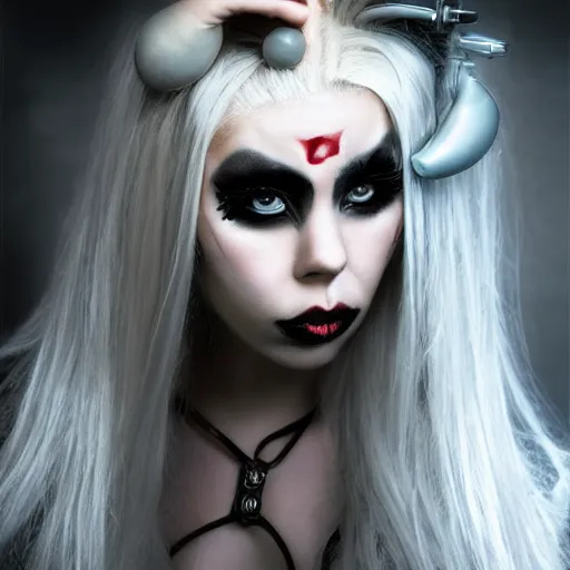 Prompt: modeling photograph kerli koiv as blind mag from genetic opera, blonde, beautiful, dark, mysterious, bubble goth, detailed symmetrical face, half body shot, fog dramatic, teen