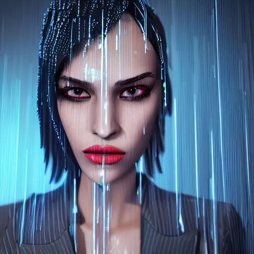 Prompt: stylish woman cartoon portrait made out of rain, pinstripe suit, shiny metal crown, cyberpunk background, rendered in octane, unreal engine, highly detailed, trending on artstation, realistic, neon, beautiful
