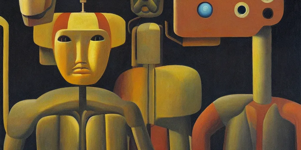 Image similar to super - intelligent robot with kind eyes portrait, grant wood, pj crook, edward hopper, oil on canvas