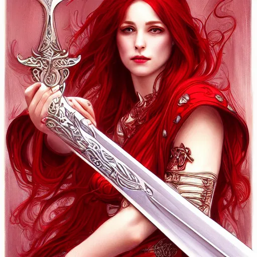 Prompt: red fantasy sword, intricate, elegant, highly detailed, digital painting, 4k, HDR, concept art, detailed jewelry, smooth, sharp focus, illustration, art by Artgerm, H R Giger and Alphonse Mucha