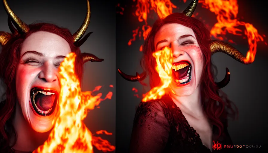 Image similar to portrait of a beatuiful laughing woman with horns made of flames in gothic attire, creepy vibe, studio photography, studio lighting, realistic render, octane render, 4 k, 8 k, face in focus