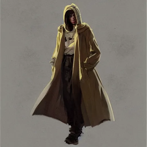 Prompt: a highly detailed epic cinematic concept art CG render digital painting artwork costume design: a teenage girl in a 1950s extremely oversized man's coat and hoodie. muted colors with some yellow accents. By Greg Rutkowski, Ilya Kuvshinov, WLOP, Stanley Artgerm Lau, Ruan Jia and Fenghua Zhong, trending on ArtStation, made in Maya, Blender and Photoshop, octane render, excellent composition, cinematic atmosphere, dynamic dramatic cinematic lighting, aesthetic, very inspirational, arthouse