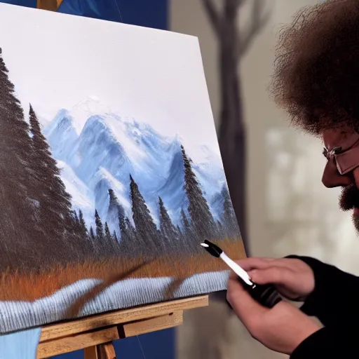 Image similar to a closeup photorealistic photograph of bob ross working on a canvas painting of darth vader. film still. brightly lit scene. mountains and trees. this 4 k hd image is trending on artstation, featured on behance, well - rendered, extra crisp, features intricate detail, epic composition and the style of unreal engine.