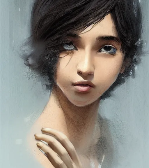 Image similar to character design of anthy himemiya as a college student with black hair, glowing brown skin, delicate features, bollywood starlet, fantasy, small mouth, quiet beauty, intricate, elegant, dress shirt, highly detailed, digital painting, artstation, concept art, smooth, sharp focus, illustration, art by Krenz Cushart and Artem Demura and alphonse mucha