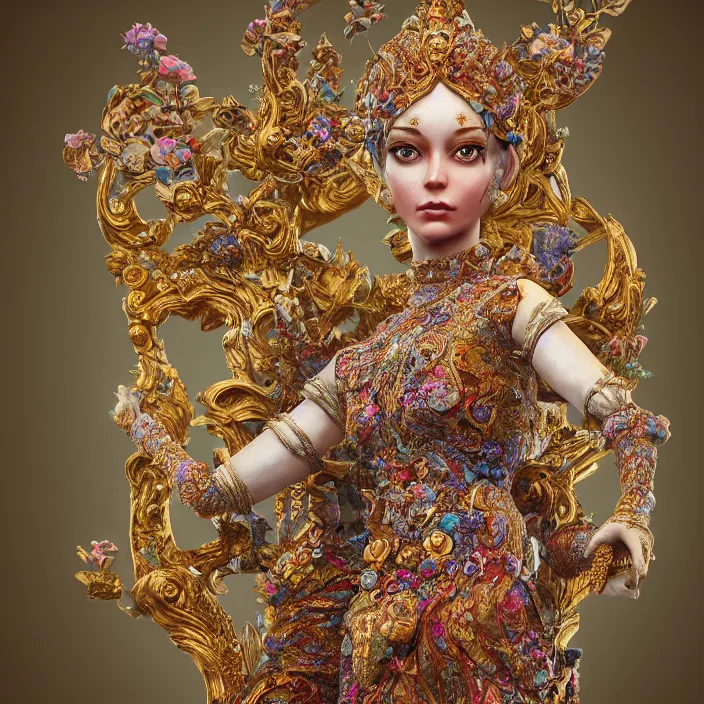 Image similar to A photo-real delicate sculpture of an ornate queen in front of an intricate background by AJ Fosik, Micro detail, backlighting, octane renderer, colorful, physically based render