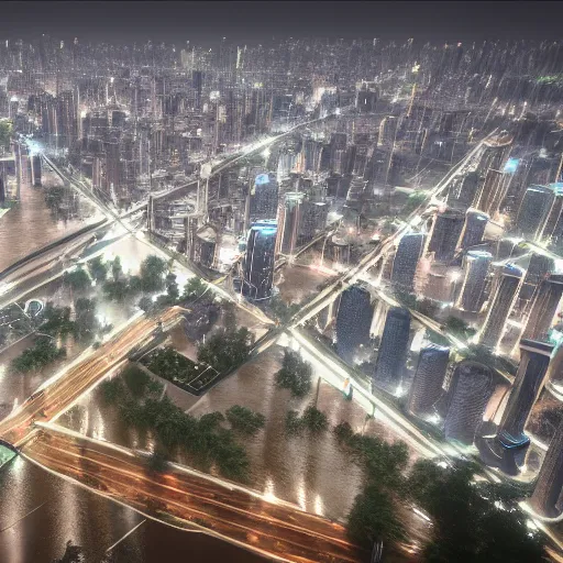Prompt: Guangzhou city in flood, digital art, unreal engine 5, high resolution, 4k, realistic