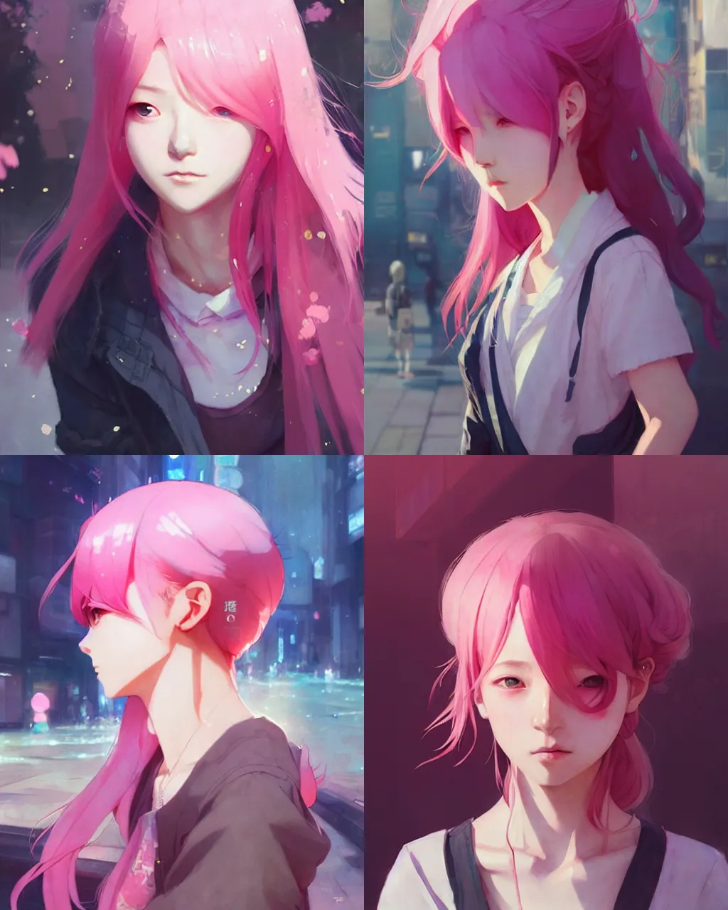 Prompt: a girl with pink hair on the streets of tokyo, a beautiful portrait, illustration, top lighting, perfect shadow, reduce saturation, leaning towards watercolor, art by hidari and krenz cushart and wenjun lin