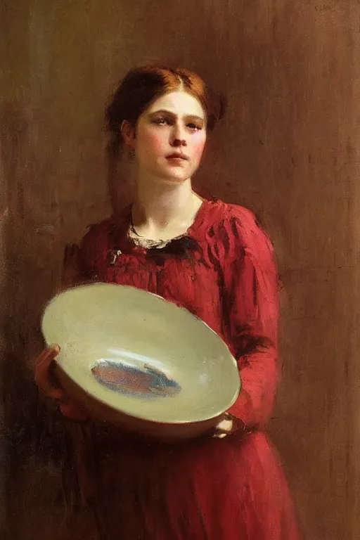 Image similar to Solomon Joseph Solomon and Richard Schmid and Jeremy Lipking victorian genre painting full length portrait painting of a young woman preparing a meal, red background