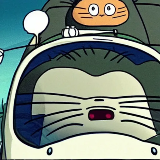 Image similar to totoro driving in a car, cartoon style,