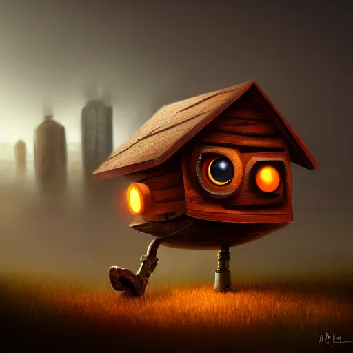 Image similar to a walking small wood house with two mechanical legs and two glowing eyes and a mouth, rust, hyperrealistic, pareidolia, highly detailed, cinematic, single ray of sun, fog, city in background, beautiful, cgssociety, artstation, 8 k, oil painting