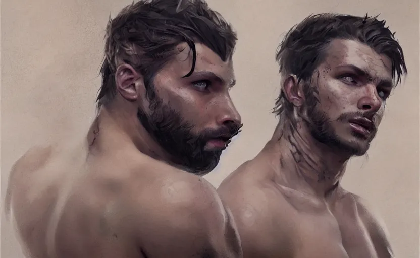 Image similar to a painting of arkul trending on artstation in the style of greg rutkowski, beautiful, male, sensual, natural skin, muscular, stubble, warrior, tattoo