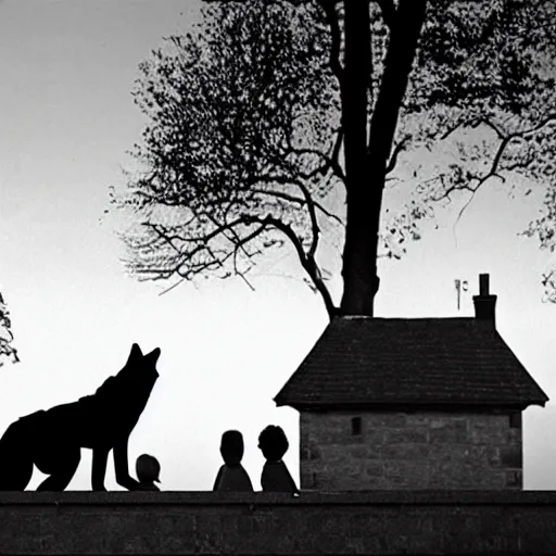 Image similar to wolf monsters sitting on the roof of a house in britain watching a pair of children walk down the road