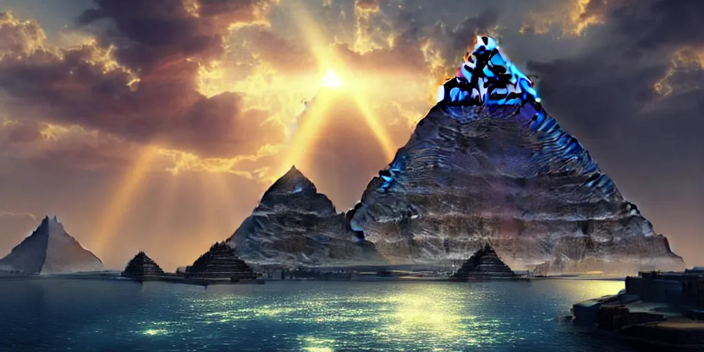 Image similar to beautiful egyptian pyramid, magic, waterways, waterfalls, gorgeous clouds, god rays, digital art, landscape, fantasy art, octane render, ureal engine, high detail, very realistic, by greg rutkowski. by james gurney