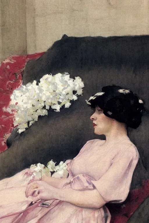 Prompt: european woman in a gown relaxing on couch, bloom flowers, modern, eclectic, illustration, by ramon casas