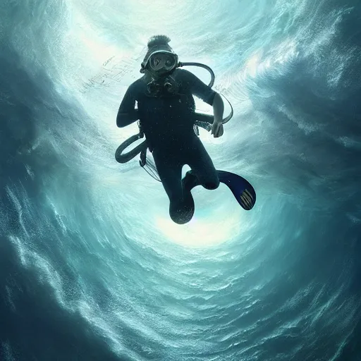 Image similar to a dream fantasy painting of a scuba diver trapped in a maelstrom, trending on artstation, deviantart, matte painting by greg rutkowski, holly bruce, jon kuo