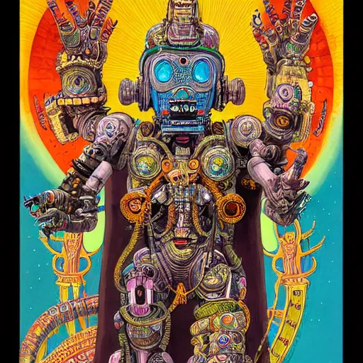 Prompt: detailed intricate color comic poster illustration of a Hindu god with a halo as an evil cyborg alien robot with lots of arms, cyberpunk, sistine chapel, davinci, religion, Hindu, vishnu, akira, dystopian, sci-fi, geof darrow, transmetropolitan, ronin