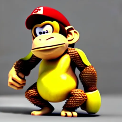 Prompt: Donkey Kong stepping on a banana. The banana is on the ground, Donkey Kong is above the banana. 3D render