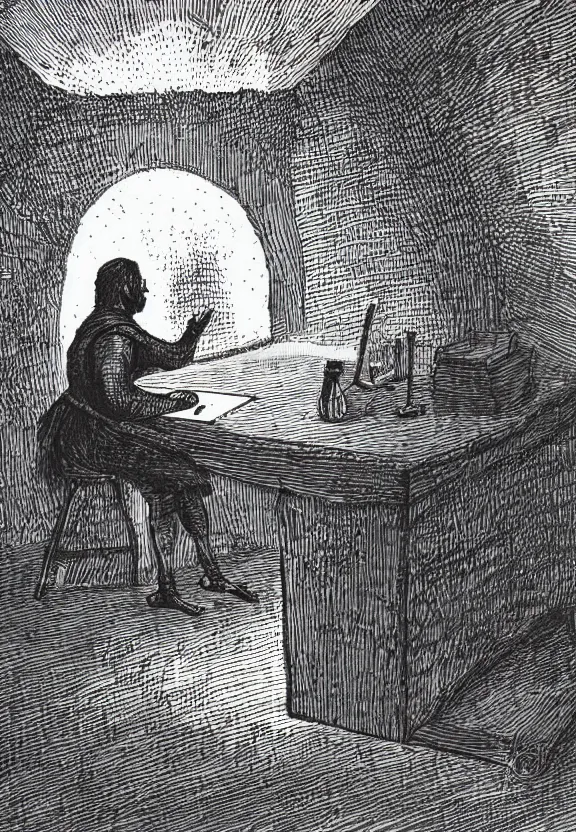 Prompt: [Medieval peasant sitting on a desk watching a Macbook computer in a dimly light cave, illustration, sharp!, focus, high quality, smooth!]