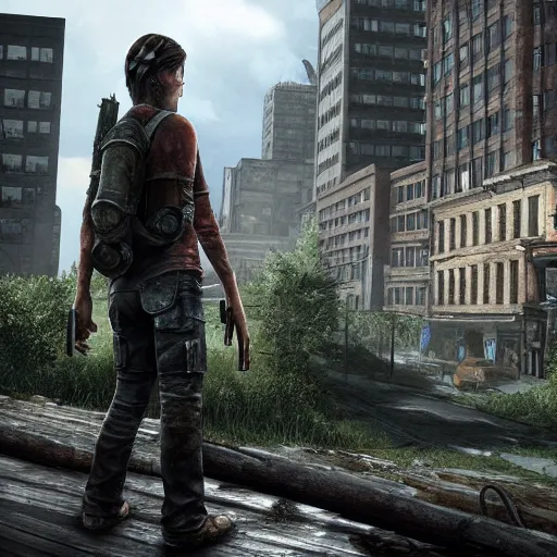 Prompt: Joel from the last of us looking down an apocalypse city