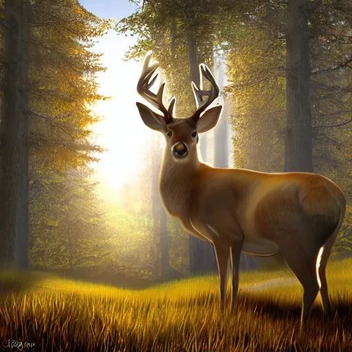 Prompt: alert buck white tail deer with large antlers standing on top of a hill with light shining through the trees in the early morning, global illumination, volumetric shadows, volumetric lighting digital painting, trending on artem, trending on deviantart,