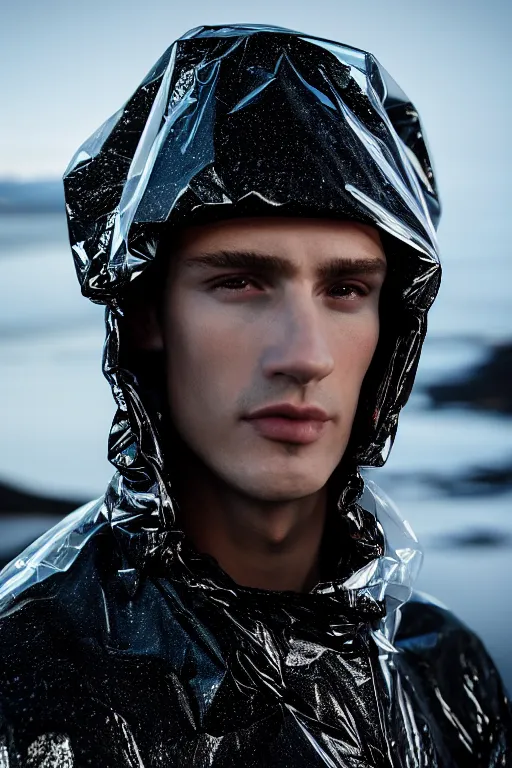 Image similar to an ultra high definition professional high fashion portrait studio full length photograph of a male model wearing a transparent pearlescent raincoat and neon visor in an icelandic black rock environment at dawn. no artefacts. extremely detailed. stark. refraction. shallow depth of field. volumetric light and shadow. ray tracing. light rays.