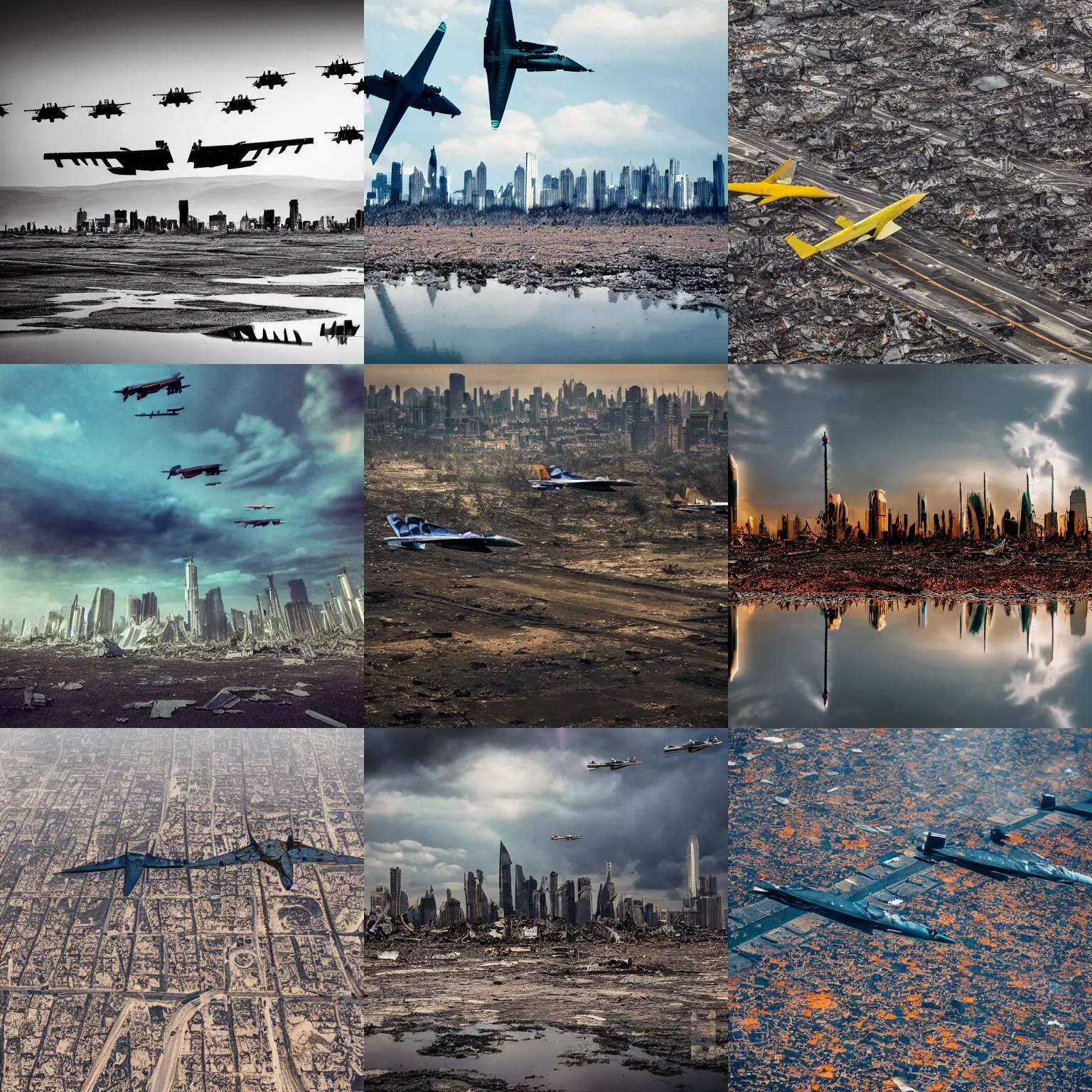 Prompt: ground landscape photograph of fighter jets flying over a destroyed skyline, color, reflections, atmospheric, award winning photo, bloom