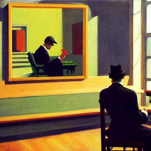 Image similar to painting of a man sitting at a grand piano, but not playing. he's looking into the void. by edward hopper and james gilleard