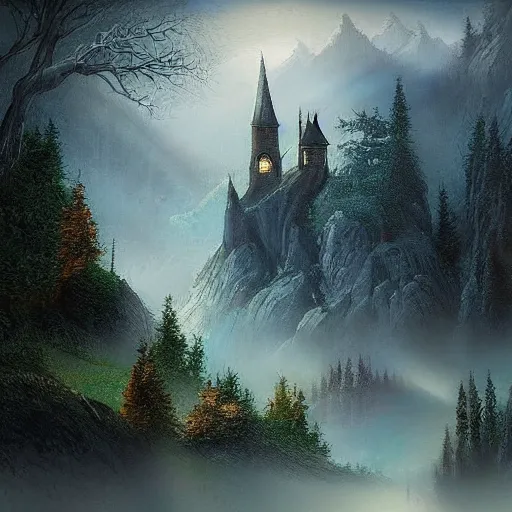 Image similar to magical academy on a mountain, mist, fantasy, realism, by bagshaw tom