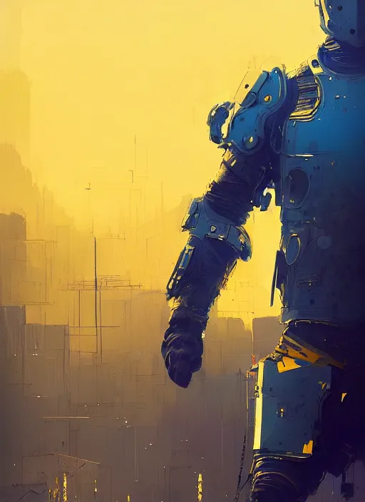 Image similar to jason statham in cyber armor, golden and blue hour, by ismail inceoglu