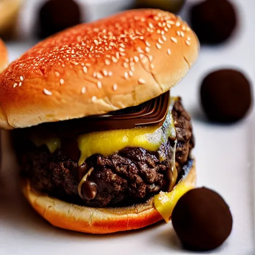 Image similar to closeup photo of most delicious cheeseburger with chocolate truffles inside