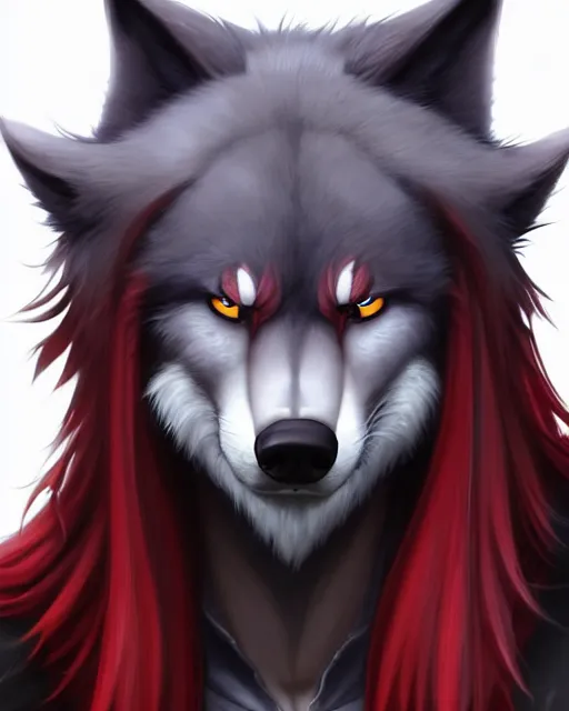 Image similar to character concept art of a dark grey anthropomorphic furry male wolf with long red hair | | cute - fine - face, pretty face, key visual, realistic shaded perfect face, fine details by stanley artgerm lau, wlop, rossdraws, james jean, andrei riabovitchev, marc simonetti, and sakimichan, artstation