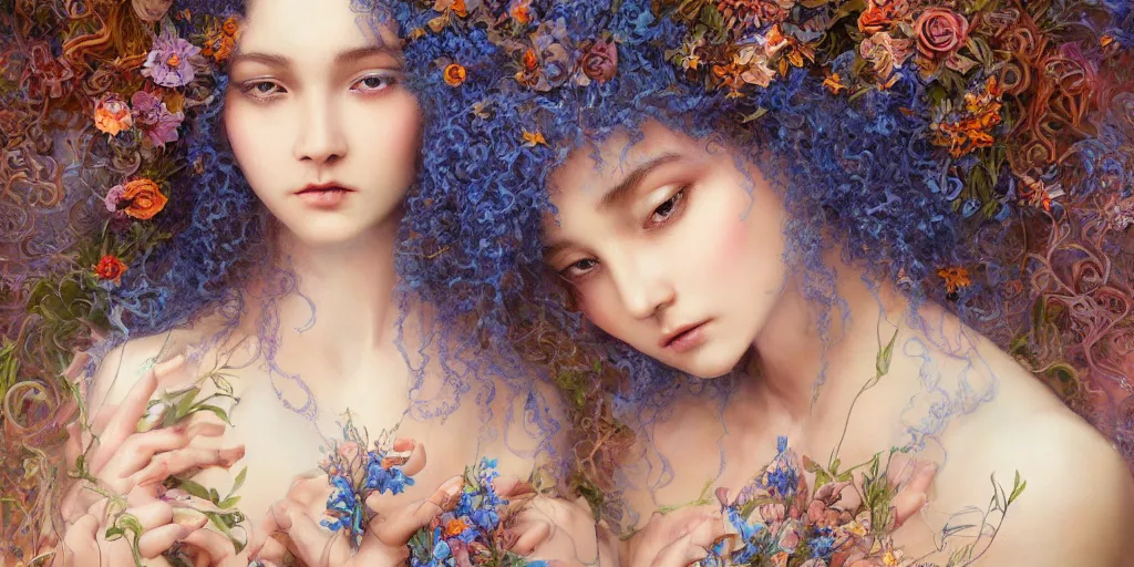 Image similar to breathtaking detailed concept art painting portrait of the hugs goddess of blue flowers, carroty curly hair, orthodox saint, with anxious piercing eyes, ornate background, amalgamation of leaves and flowers, by hsiao - ron cheng, extremely moody lighting, 8 k