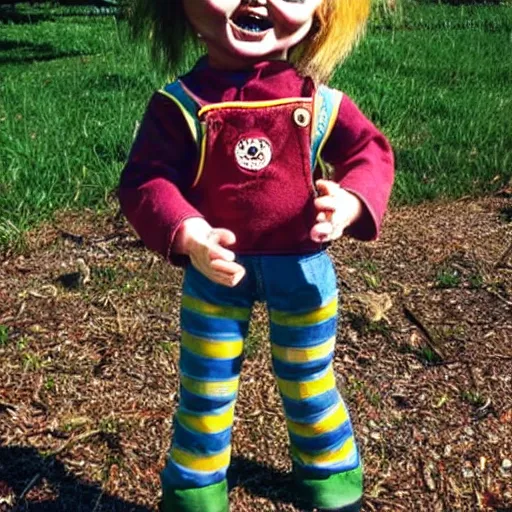 Prompt: Chucky the killer doll standing in the yard