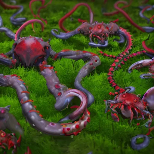 Image similar to voidless of the festival!, The Graveyard, blood moon tentacles!!, large group of crabs and worms, crawling along a bed of moss, low poly, creeper world, handcrafted, artstation, hyperrealistic, hard light, best practices, creeptastic, photorealism, macro perspective, cuddly