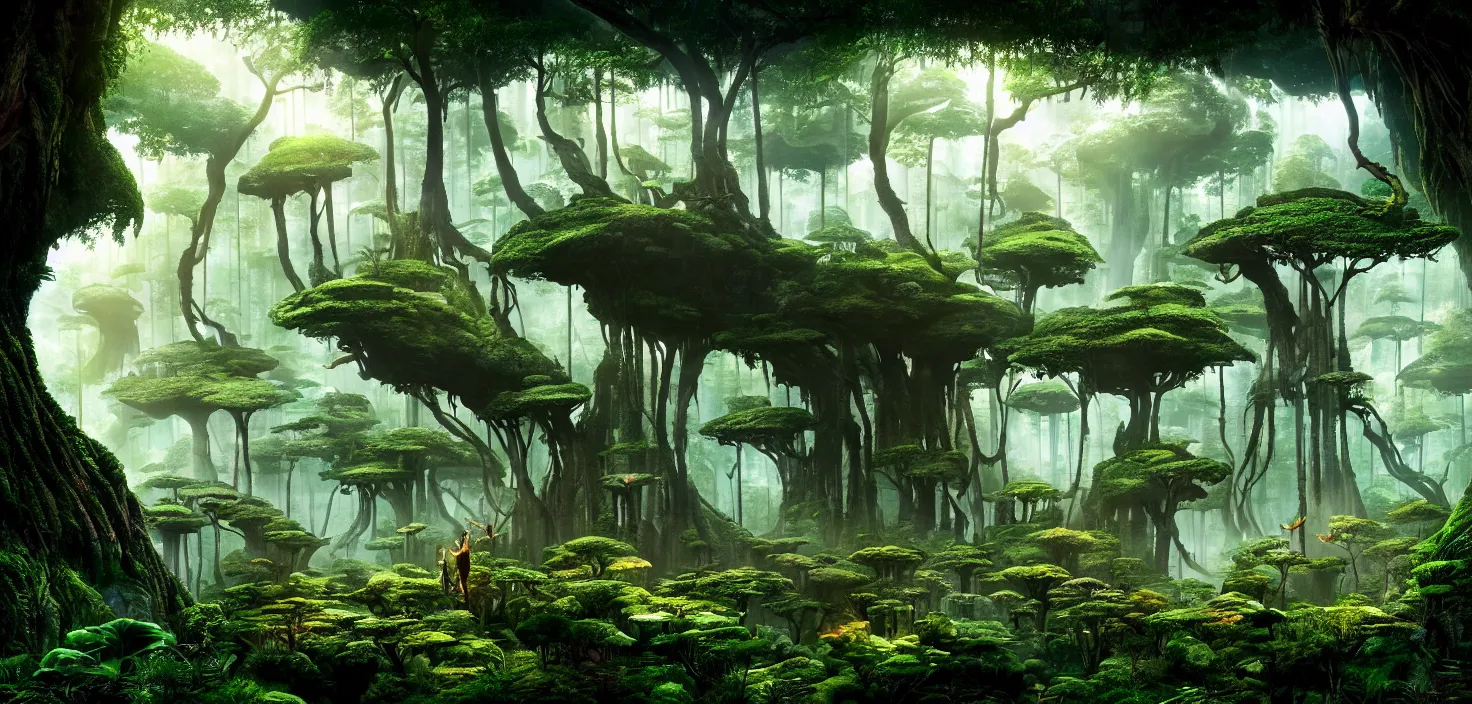 Prompt: forest world of avatar ， central symmetrical composition, incredible, vector art, octane render, fabulous, hyper detailed, random cinematic view, no noise, global illumination, warm lighting, volumetric, godrays, vivid, beautiful
