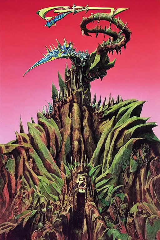 Image similar to a tokusatsu monster realistic with iron spikes album cover by roger dean