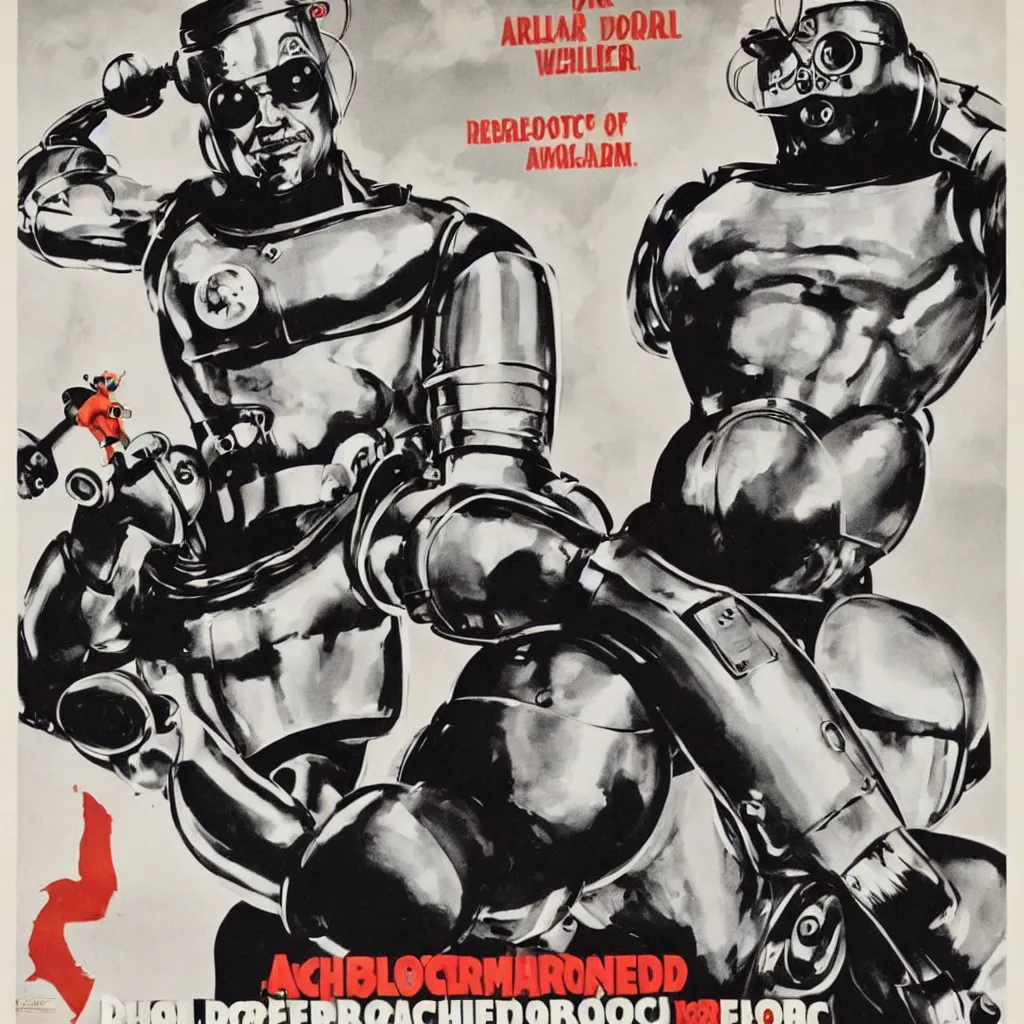 Prompt: arnold schwarzenegger as doctor robotnik, wwii propaganda poster