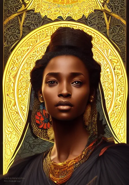 Image similar to african sansa, intricate, elegant, highly detailed, digital painting, artstation, concept art, smooth, sharp focus, illustration, art by artgerm and greg rutkowski and alphonse mucha and william - adolphe bouguereau