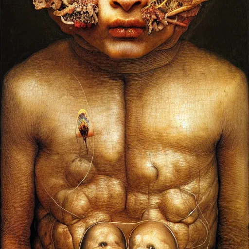 Image similar to half boy half rhino made of spaghetti, by giuseppe arcimboldo and ambrosius benson, renaissance, intricate and wet oil paint, a touch of beksinski, realistic, zoomed out, full figure