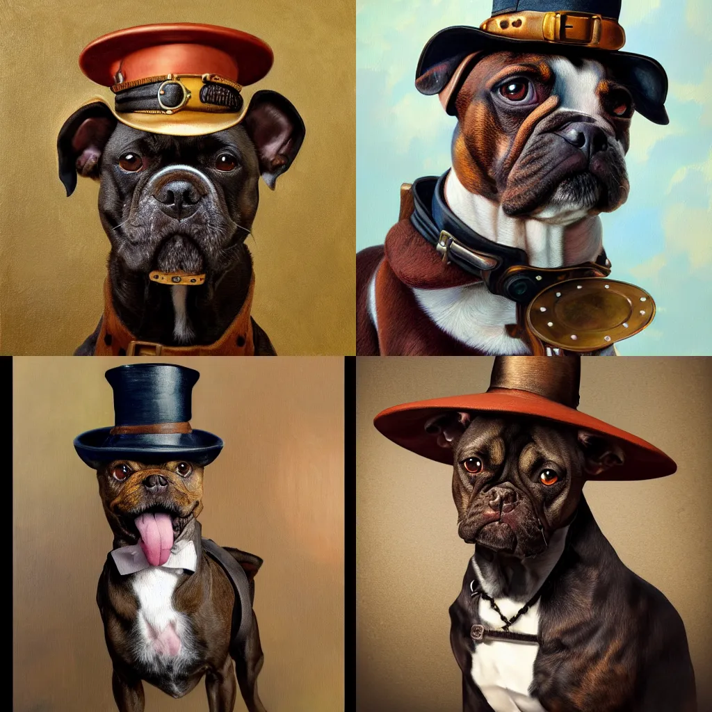 Prompt: a painting of a dog wearing a hat, a photorealistic painting by thomas barker, shutterstock contest winner, fantastic realism, steampunk, hyper realism, 2 d game art