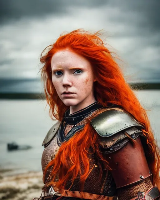 Image similar to north female warrior, red hair, ginger hair, long hair, fantasy, female Viking, high detailed, photography, cloudy, lightweight leather armour, Scandinavia, plain, detailed face, cute face, look into the distance, professional model, glowing skin, serious face, full body, professional photographer, masterpiece, extremely detailed, professional camera, 50 mm, 8k, 3D