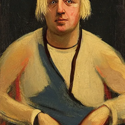 Image similar to boris johnson as a peasant from 1 2 th century england, exhibited in the british museum, oil on canvas, art, restored painting, 1 2 th century