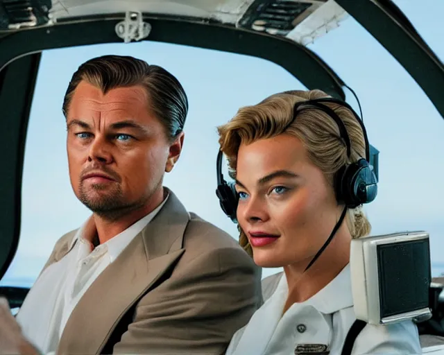 Image similar to leonardo dicaprio as the wolf of wall street next to margot robbie as naomi from the wolf of wall street in a helicopter, hyper realistic faces, beautiful eyes, cinematic, long shot, hyper detailed, 8 5 mm photograph, 8 k resolution, film still, sharp lens, wide lens