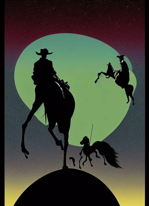 Prompt: poster artwork by Michael Whelan and Tomer Hanuka, silhouette of Kermit the Frog riding a horse, from scene from Old spaghetti western, clean