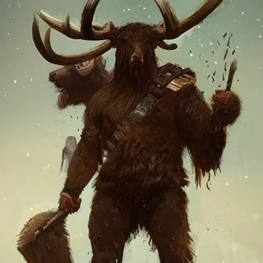 Image similar to hairy barbarian with moose head by greg rutkowski